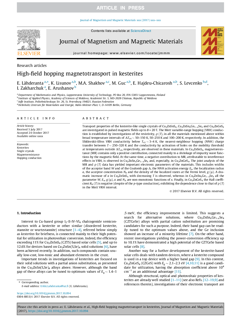 High-field hopping magnetotransport in kesterites