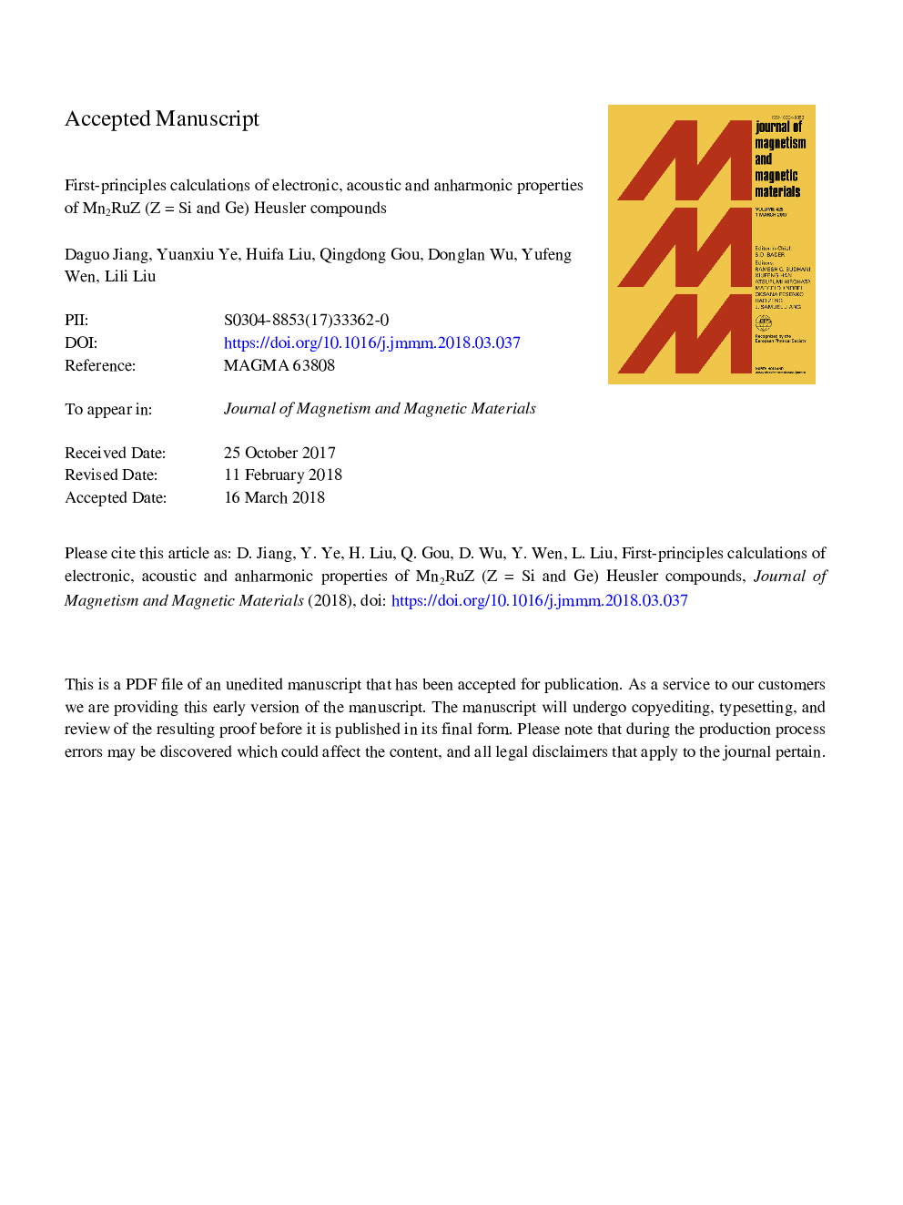 عکس صفحه اول مقاله: First-principles calculations of electronic, acoustic and anharmonic properties of Mn2RuZ (Zâ¯=â¯Si and Ge) Heusler compounds First-principles calculations of electronic, acoustic and anharmonic properties of Mn2RuZ (Zâ¯=â¯Si and Ge) Heusler compounds
