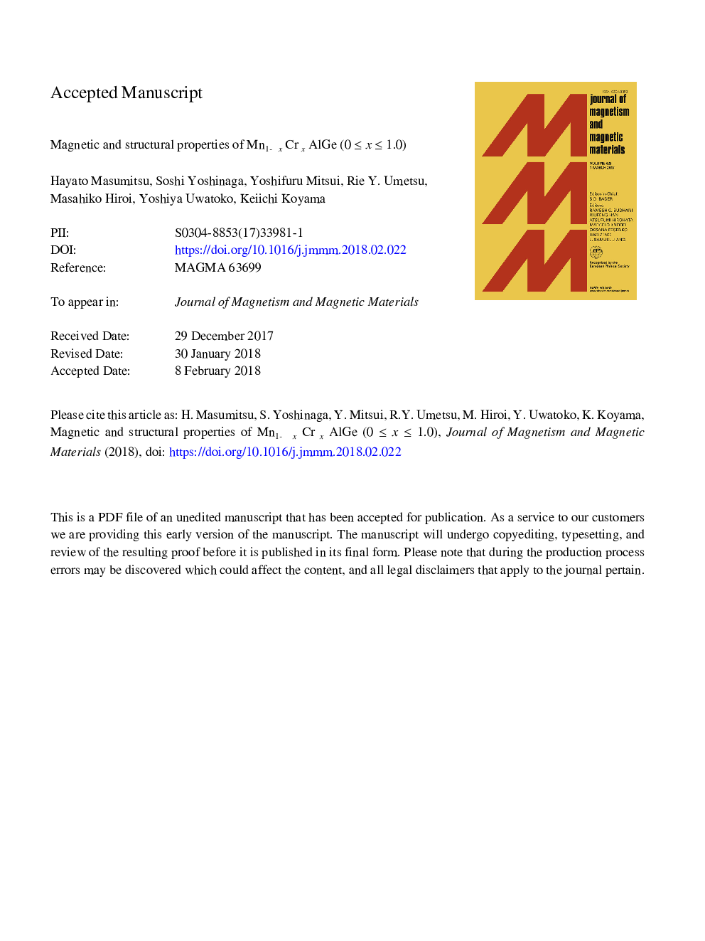 Magnetic and structural properties of Mn1âxCrxAlGe (0â¯â¤â¯xâ¯â¤â¯1.0)