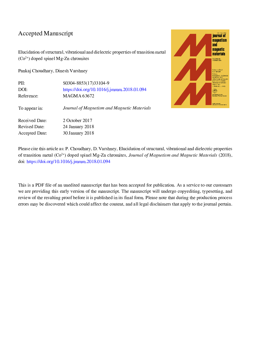 عکس صفحه اول مقاله: Elucidation of structural, vibrational and dielectric properties of transition metal (Co2+) doped spinel Mg-Zn chromites Elucidation of structural, vibrational and dielectric properties of transition metal (Co2+) doped spinel Mg-Zn chromites