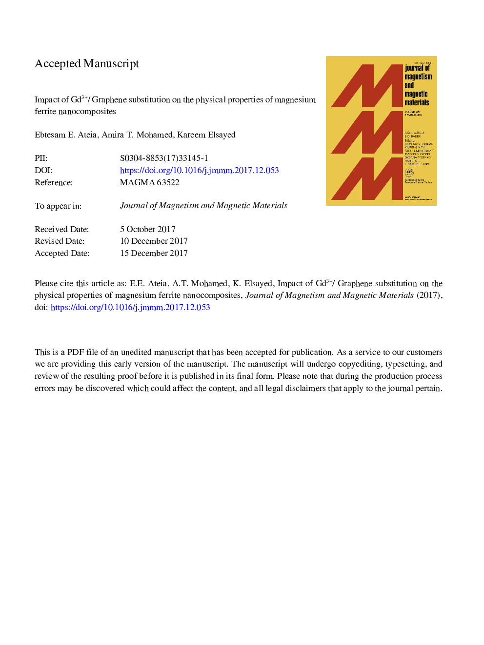 Impact of Gd3+/graphene substitution on the physical properties of magnesium ferrite nanocomposites