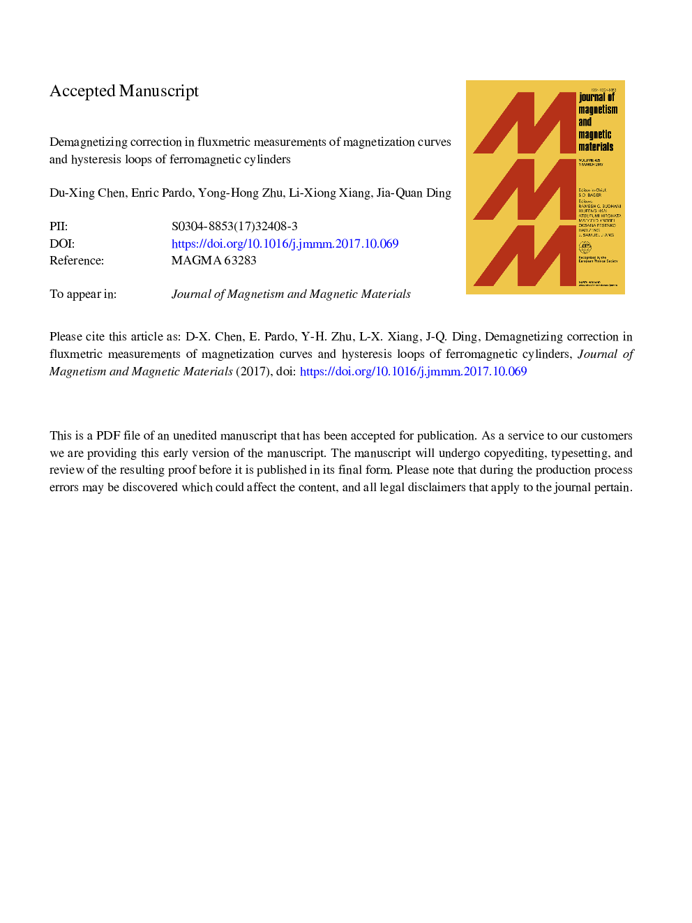 Demagnetizing correction in fluxmetric measurements of magnetization curves and hysteresis loops of ferromagnetic cylinders