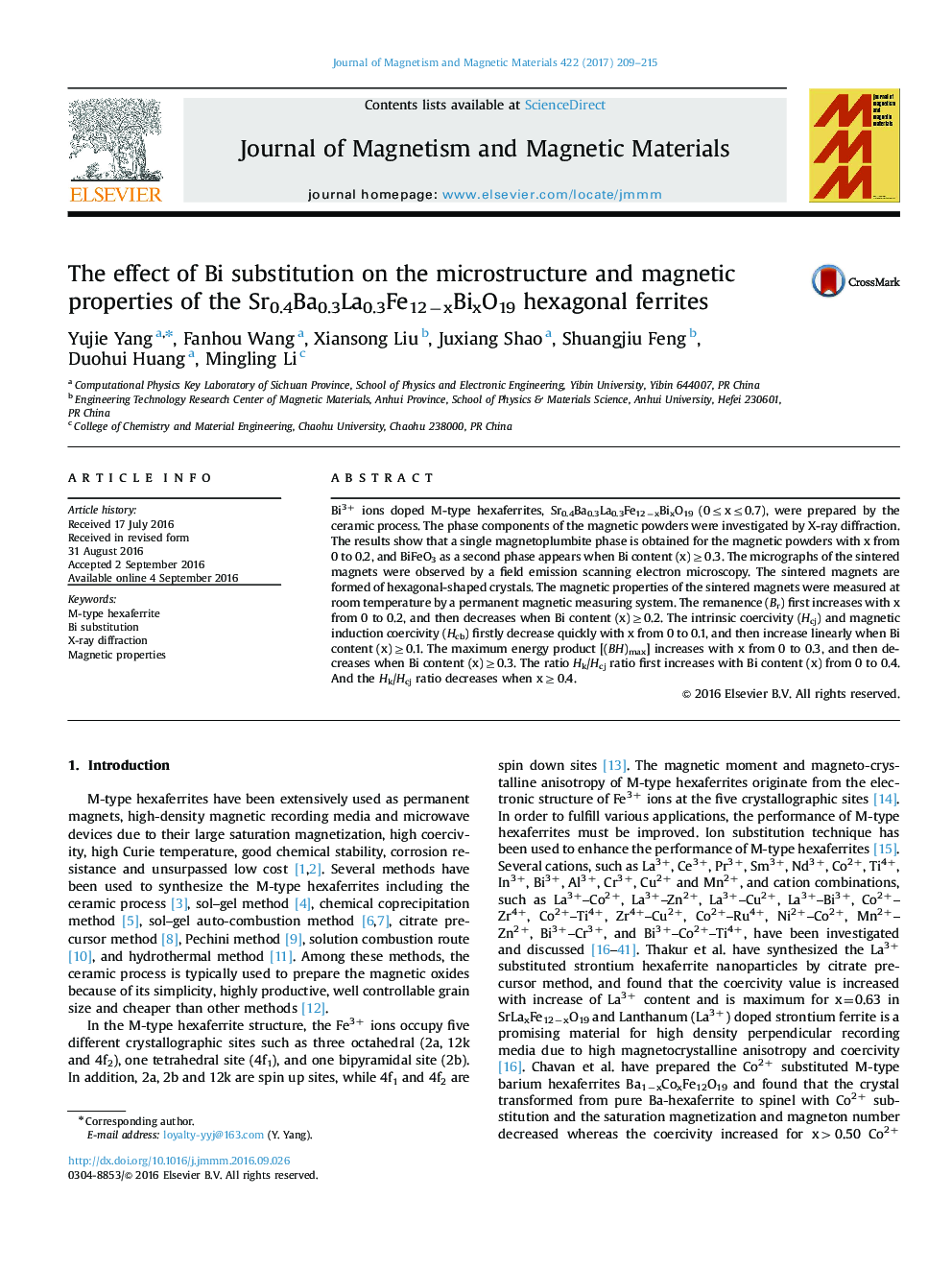 The effect of Bi substitution on the microstructure and magnetic properties of the Sr0.4Ba0.3La0.3Fe12âxBixO19 hexagonal ferrites