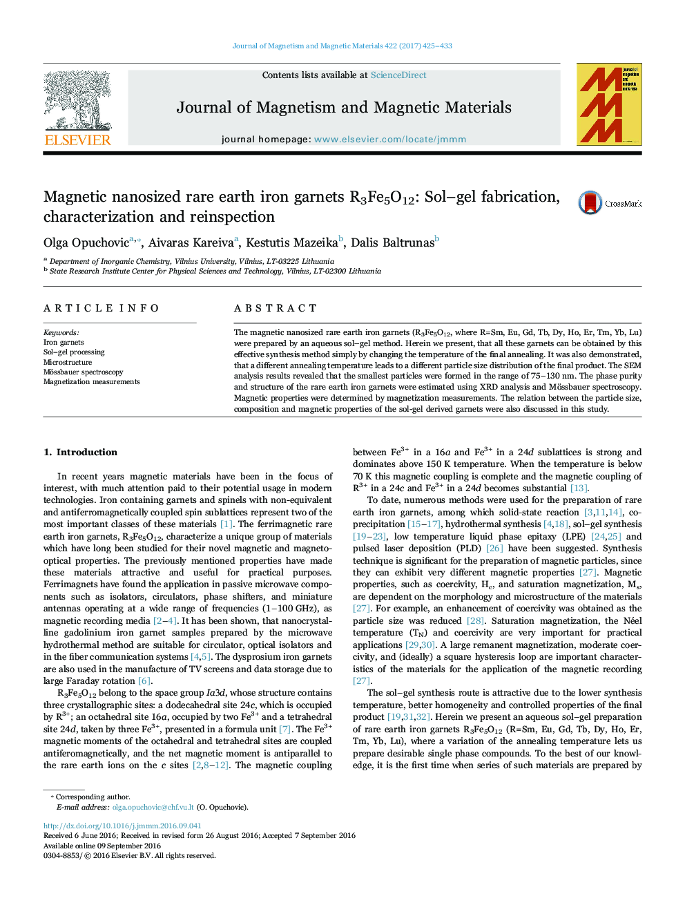 Magnetic nanosized rare earth iron garnets R3Fe5O12: Sol-gel fabrication, characterization and reinspection