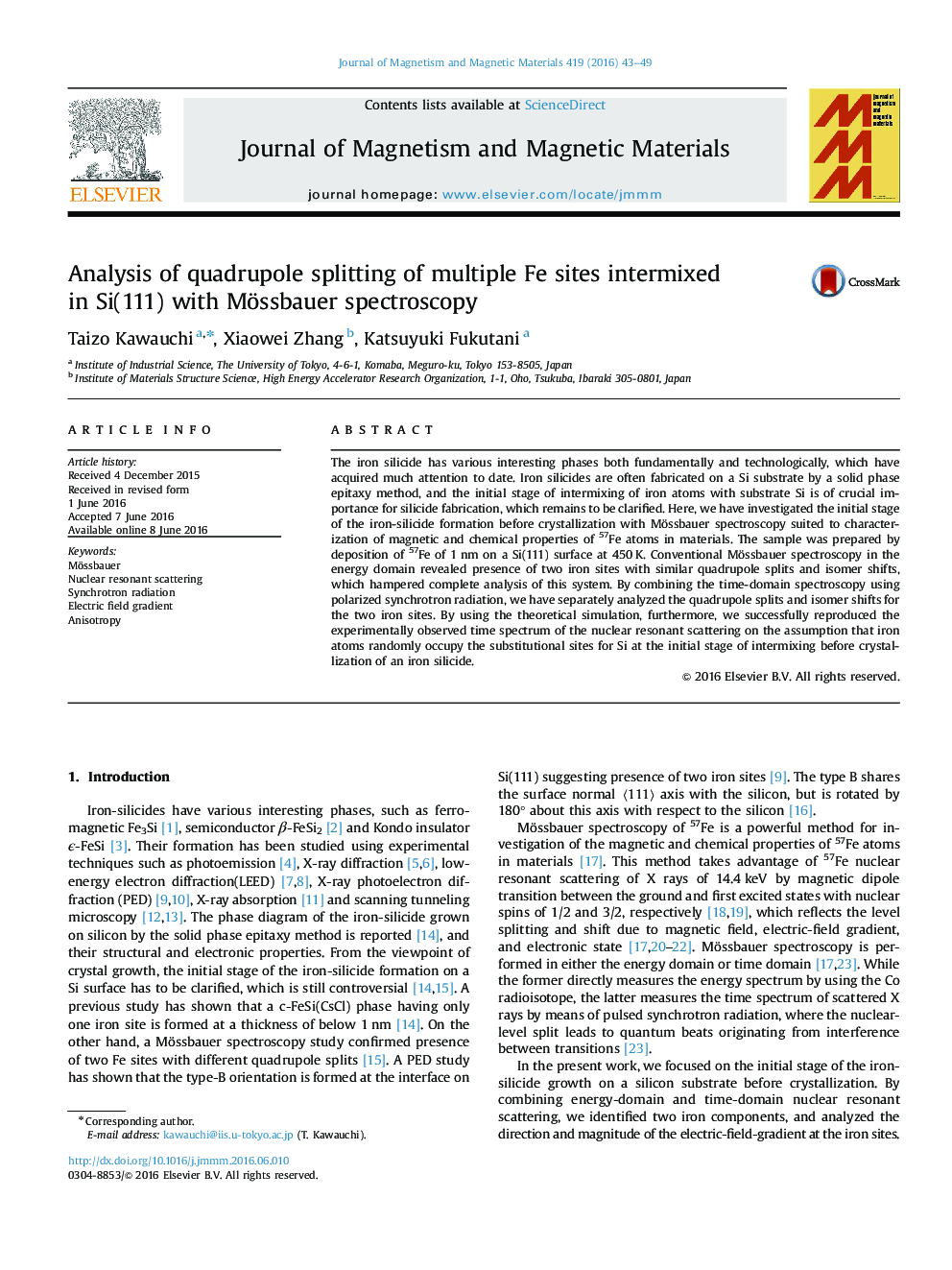 عکس صفحه اول مقاله: Analysis of quadrupole splitting of multiple Fe sites intermixed in Si(111) with Mössbauer spectroscopy Analysis of quadrupole splitting of multiple Fe sites intermixed in Si(111) with Mössbauer spectroscopy