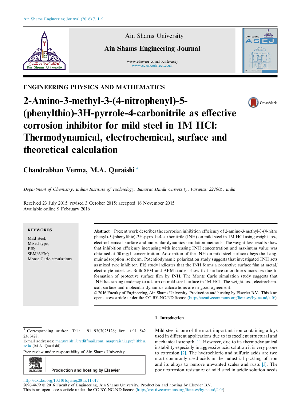 2-Amino-3-methyl-3-(4-nitrophenyl)-5-(phenylthio)-3H-pyrrole-4-carbonitrile as effective corrosion inhibitor for mild steel in 1M HCl: Thermodynamical, electrochemical, surface and theoretical calculation 