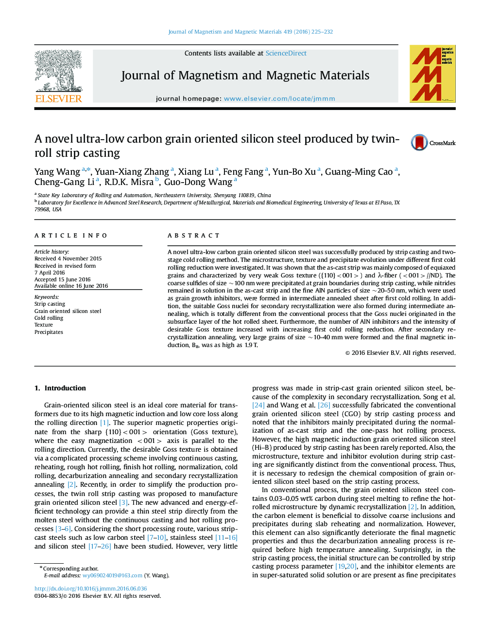 A novel ultra-low carbon grain oriented silicon steel produced by twin-roll strip casting