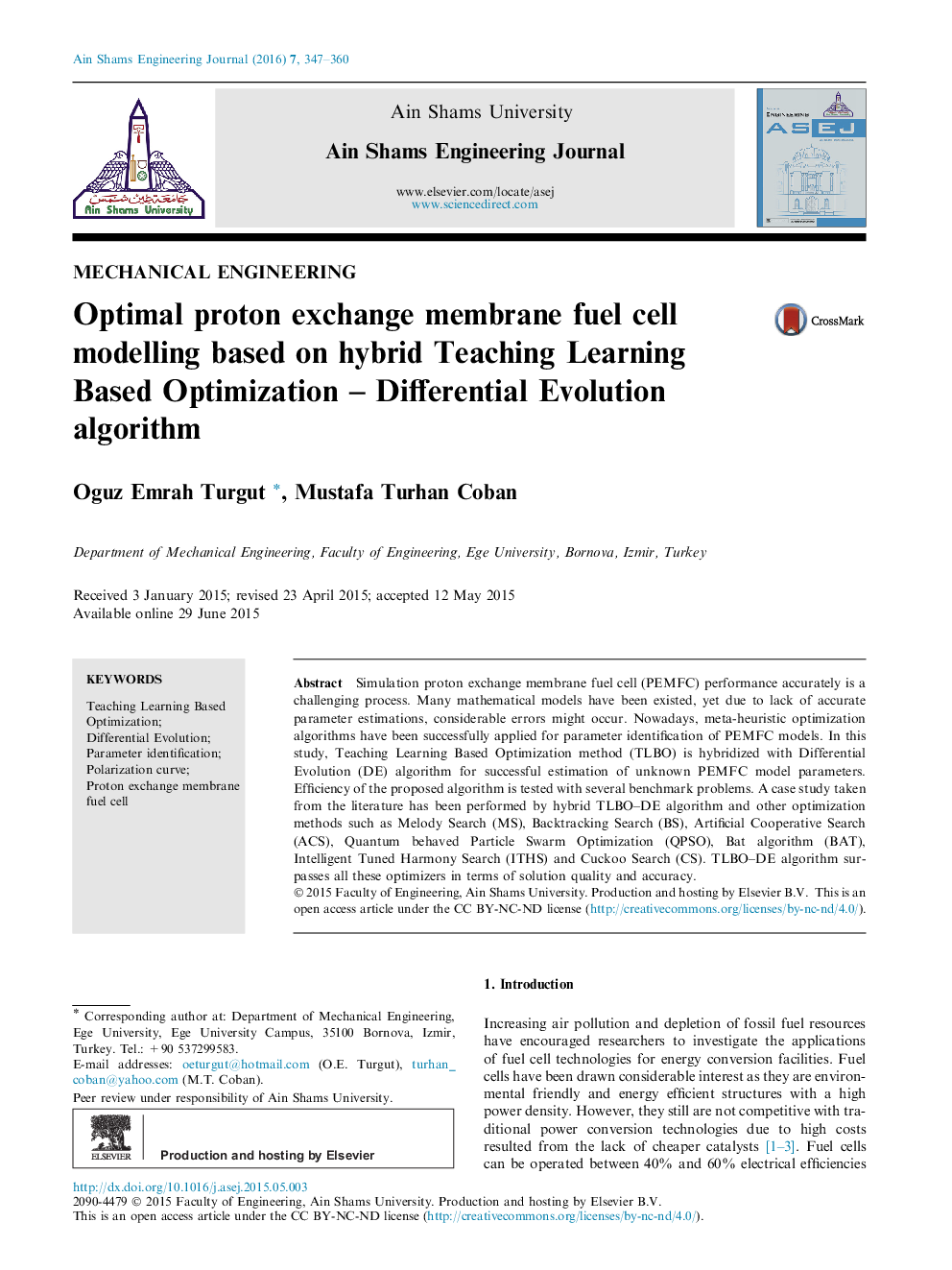 Optimal proton exchange membrane fuel cell modelling based on hybrid Teaching Learning Based Optimization – Differential Evolution algorithm 