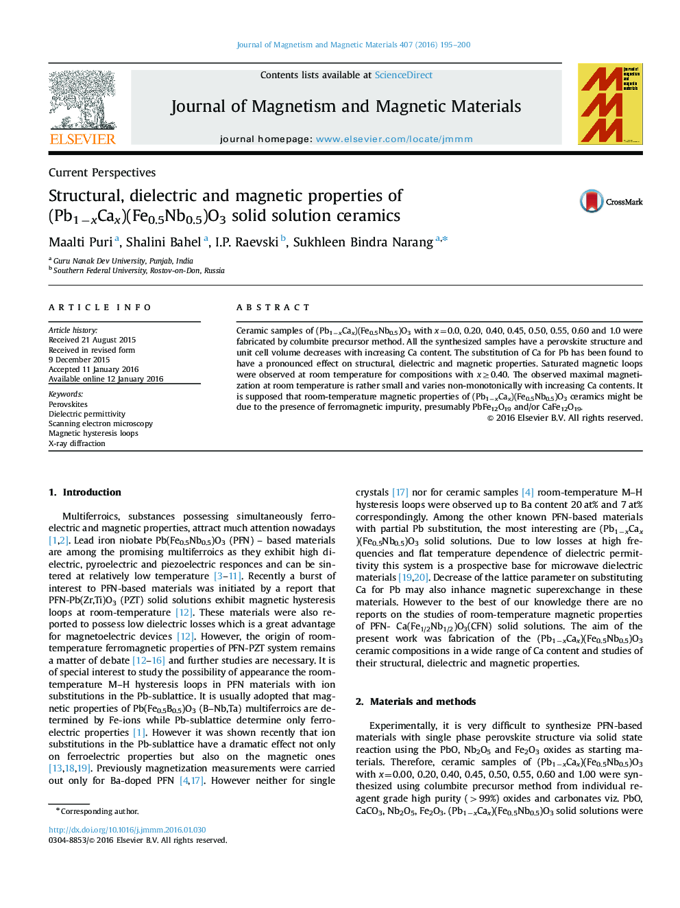 Structural, dielectric and magnetic properties of (Pb1âxCax)(Fe0.5Nb0.5)O3 solid solution ceramics