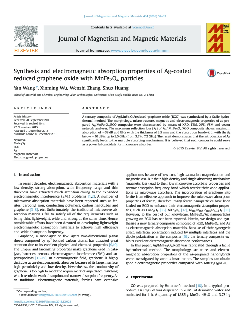 Synthesis and electromagnetic absorption properties of Ag-coated reduced graphene oxide with MnFe2O4 particles