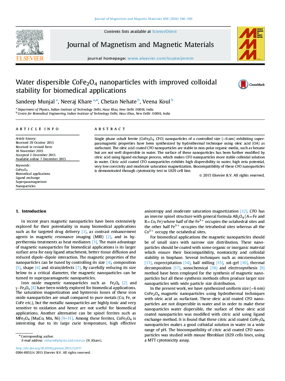 Water dispersible CoFe2O4 nanoparticles with improved colloidal stability for biomedical applications