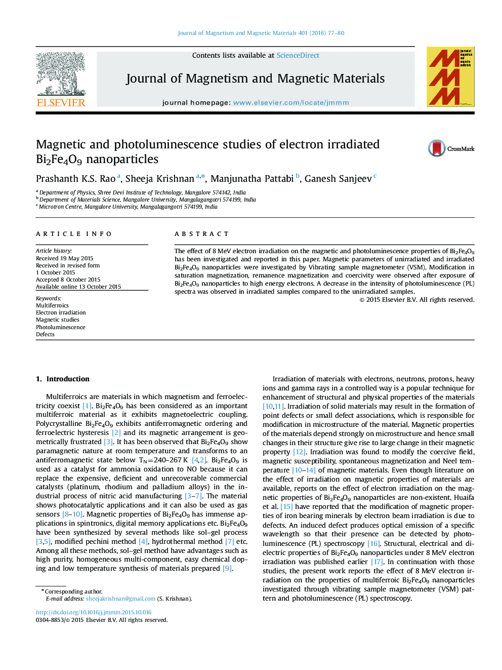 Magnetic and photoluminescence studies of electron irradiated Bi2Fe4O9 nanoparticles