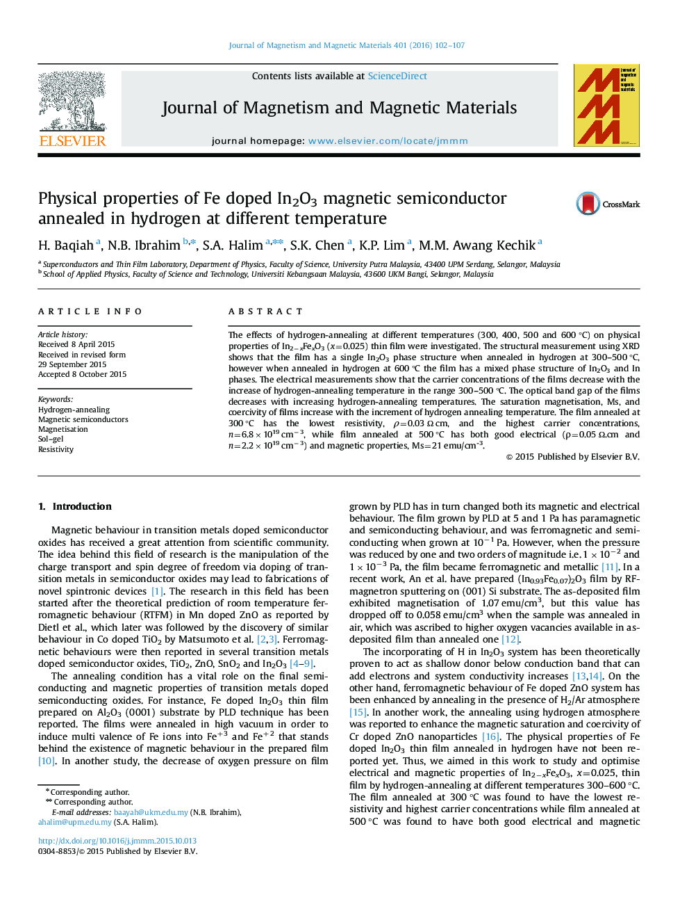 Physical properties of Fe doped In2O3 magnetic semiconductor annealed in hydrogen at different temperature