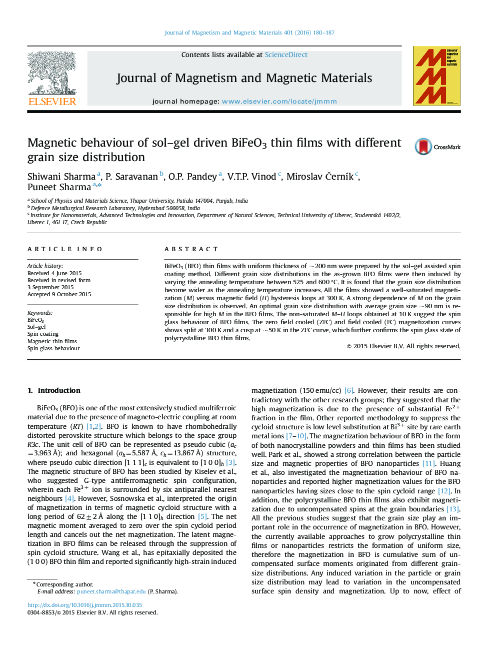 Magnetic behaviour of sol-gel driven BiFeO3 thin films with different grain size distribution