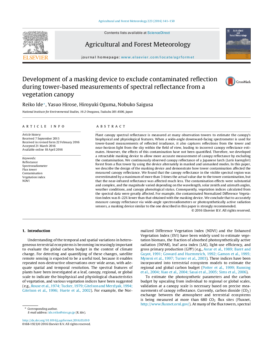 Development of a masking device to exclude contaminated reflection during tower-based measurements of spectral reflectance from a vegetation canopy