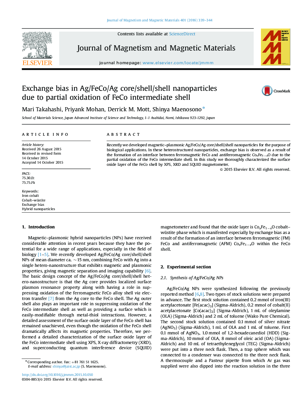 Exchange bias in Ag/FeCo/Ag core/shell/shell nanoparticles due to partial oxidation of FeCo intermediate shell