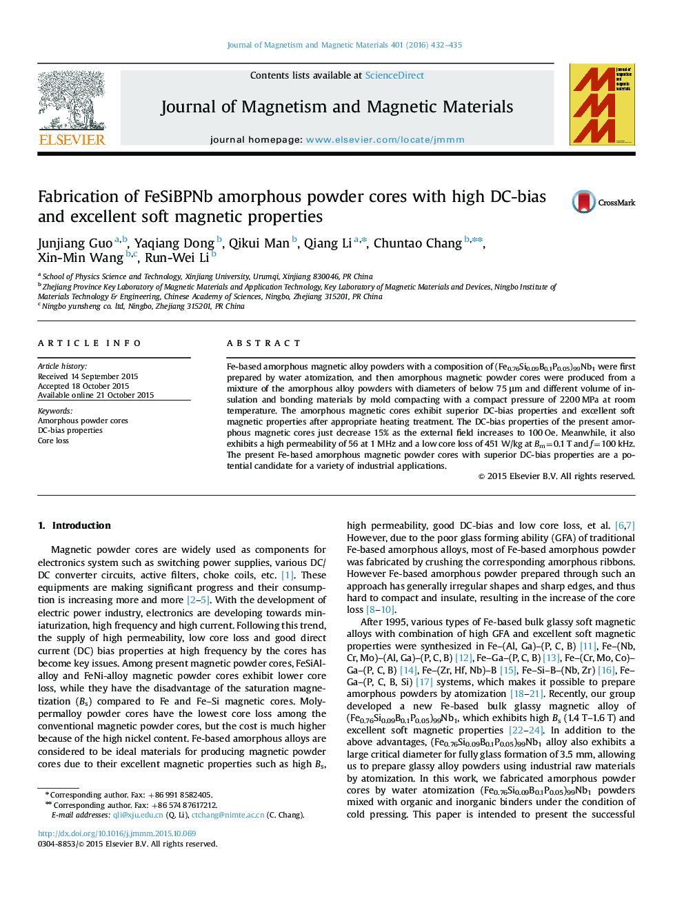 Fabrication of FeSiBPNb amorphous powder cores with high DC-bias and excellent soft magnetic properties