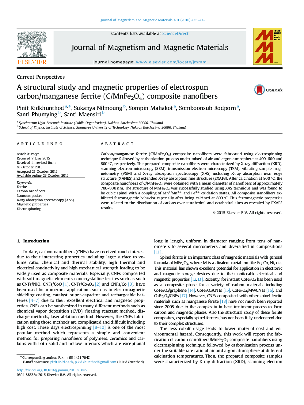 A structural study and magnetic properties of electrospun carbon/manganese ferrite (C/MnFe2O4) composite nanofibers