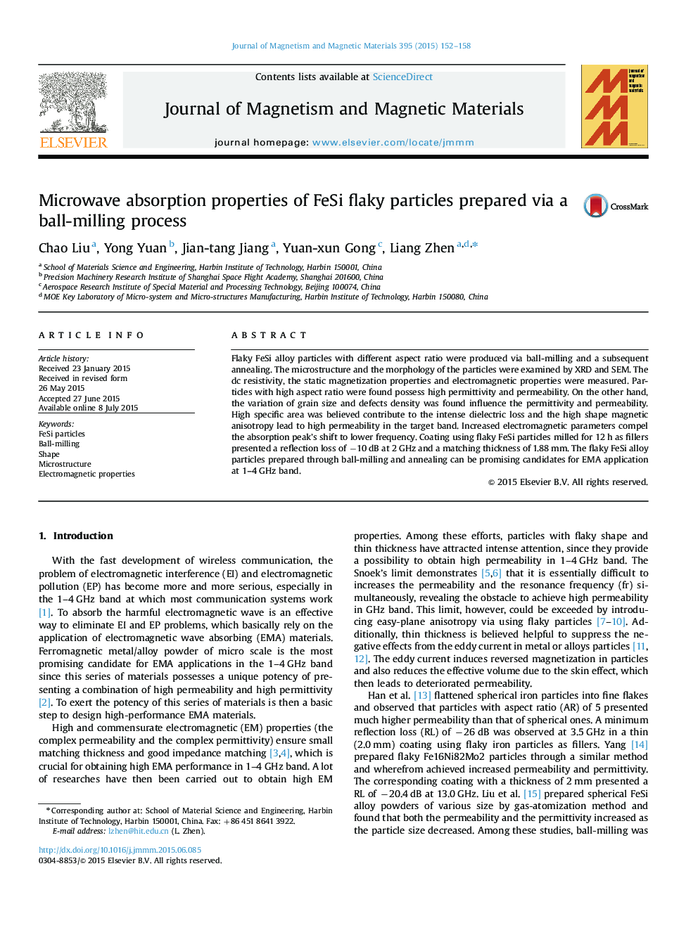 Microwave absorption properties of FeSi flaky particles prepared via a ball-milling process