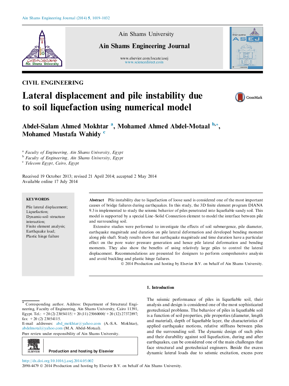 Lateral displacement and pile instability due to soil liquefaction using numerical model 