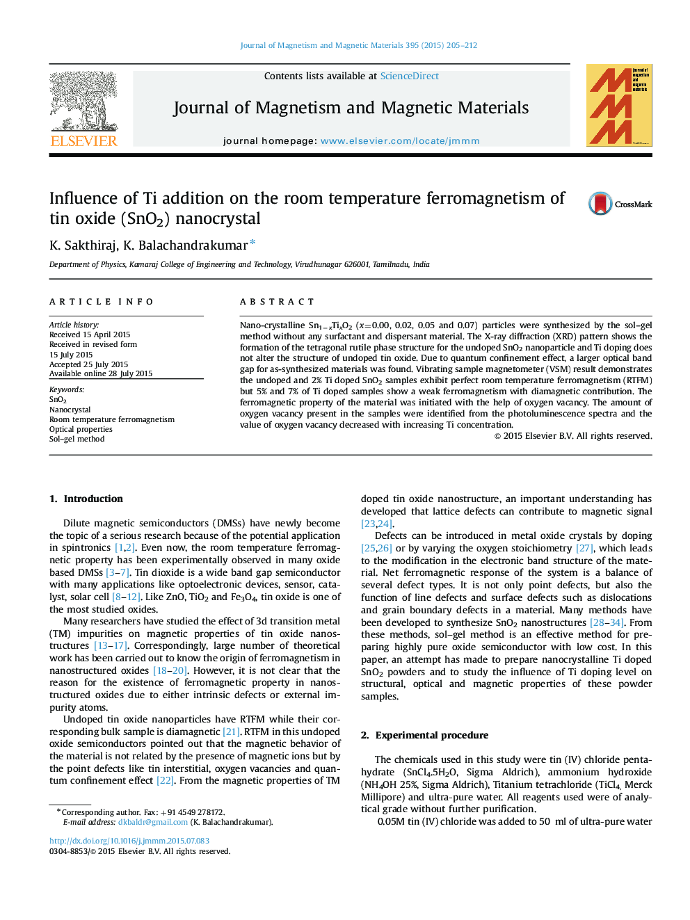 Influence of Ti addition on the room temperature ferromagnetism of tin oxide (SnO2) nanocrystal