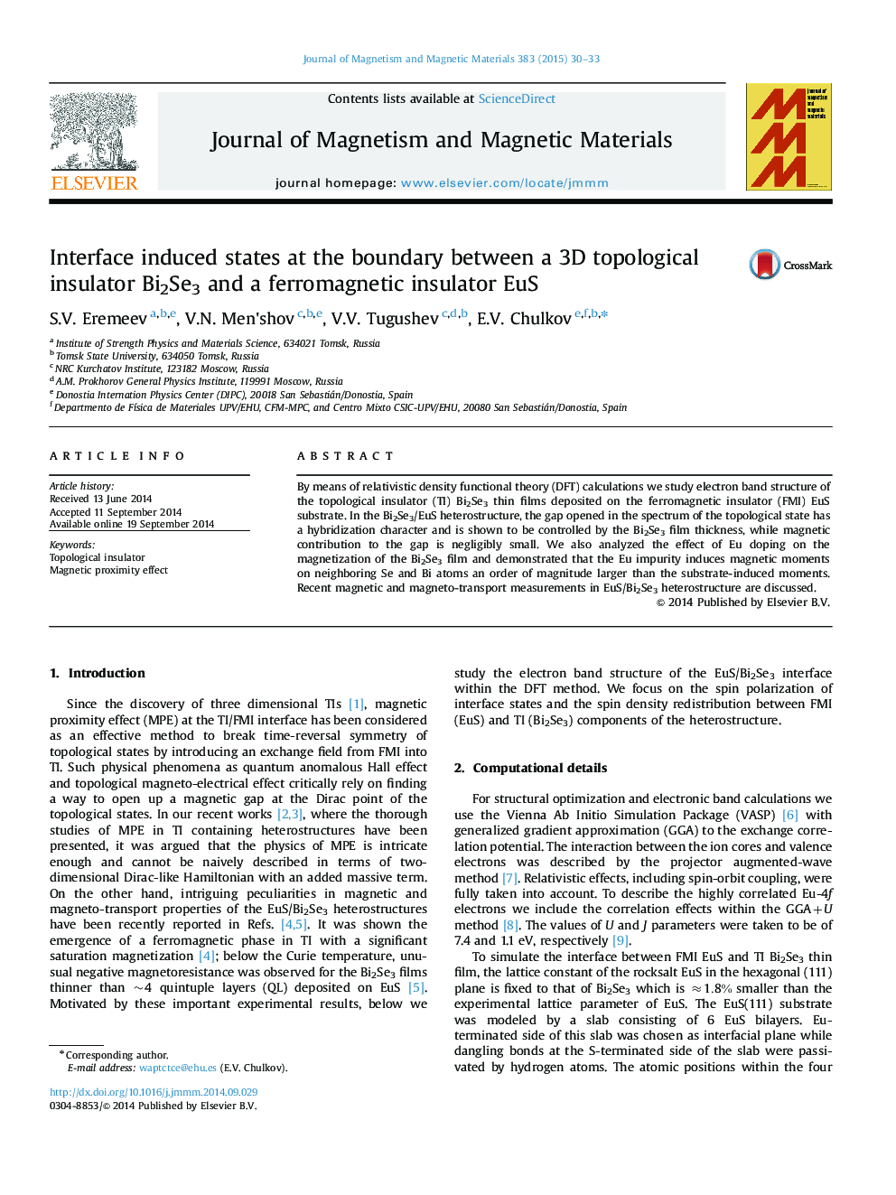 Interface induced states at the boundary between a 3D topological insulator Bi2Se3 and a ferromagnetic insulator EuS