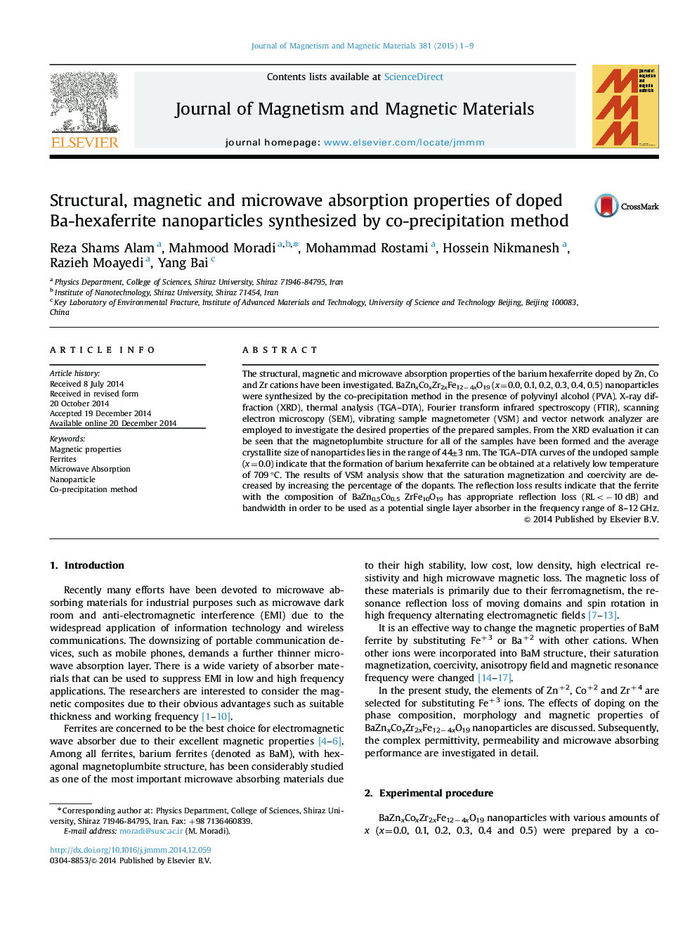 Structural, magnetic and microwave absorption properties of doped Ba-hexaferrite nanoparticles synthesized by co-precipitation method