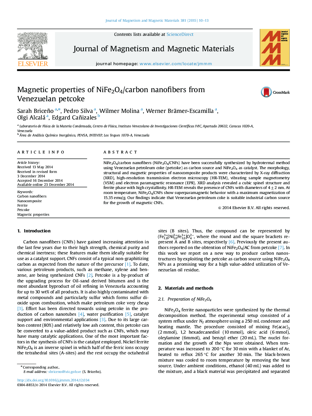 Magnetic properties of NiFe2O4/carbon nanofibers from Venezuelan petcoke