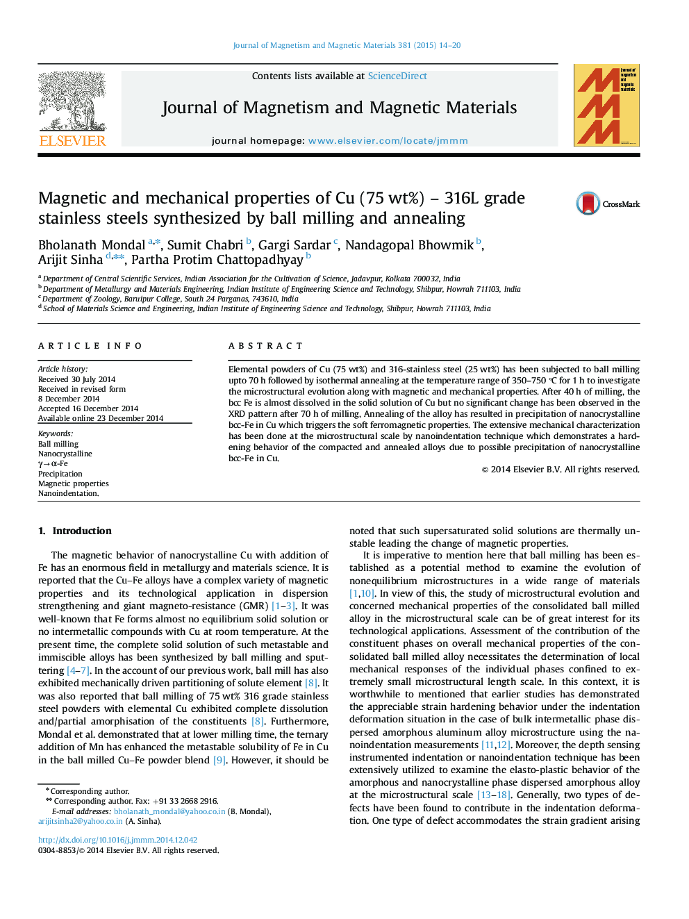 Magnetic and mechanical properties of Cu (75Â wt%) - 316L grade stainless steels synthesized by ball milling and annealing