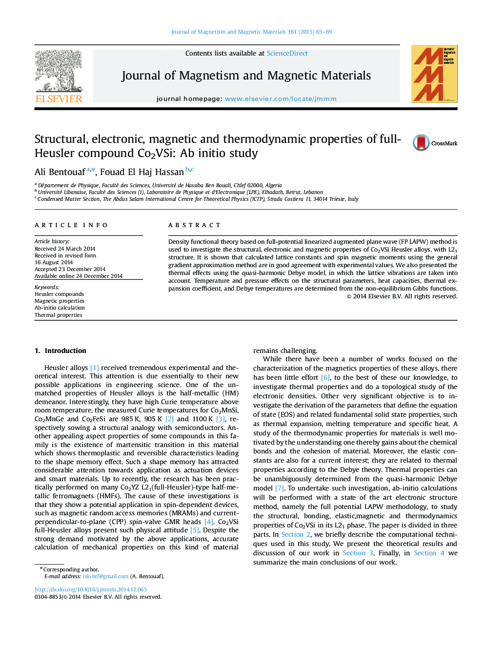 Structural, electronic, magnetic and thermodynamic properties of full-Heusler compound Co2VSi: Ab initio study