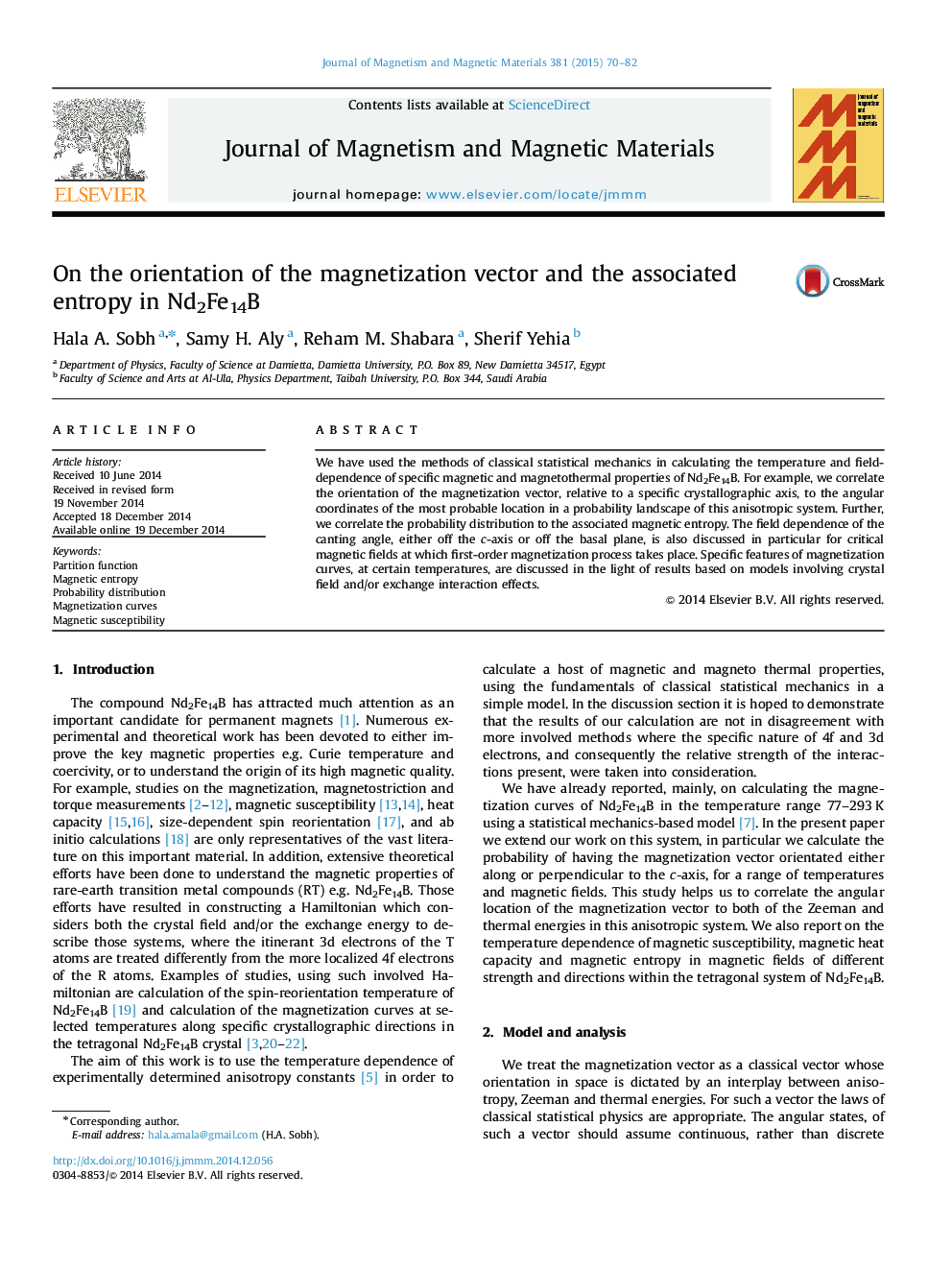 On the orientation of the magnetization vector and the associated entropy in Nd2Fe14B