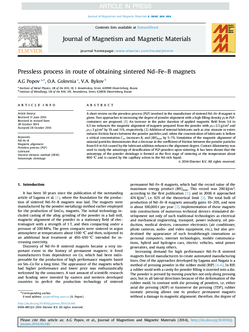 Pressless process in route of obtaining sintered Nd-Fe-B magnets