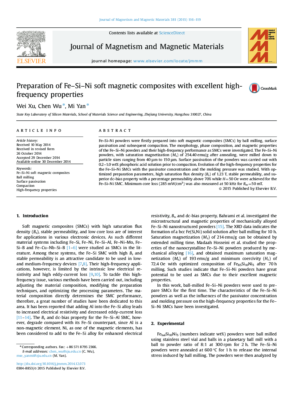 Preparation of Fe-Si-Ni soft magnetic composites with excellent high-frequency properties