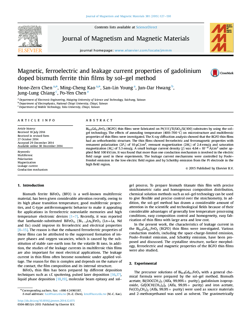 Magnetic, ferroelectric and leakage current properties of gadolinium doped bismuth ferrite thin films by sol-gel method