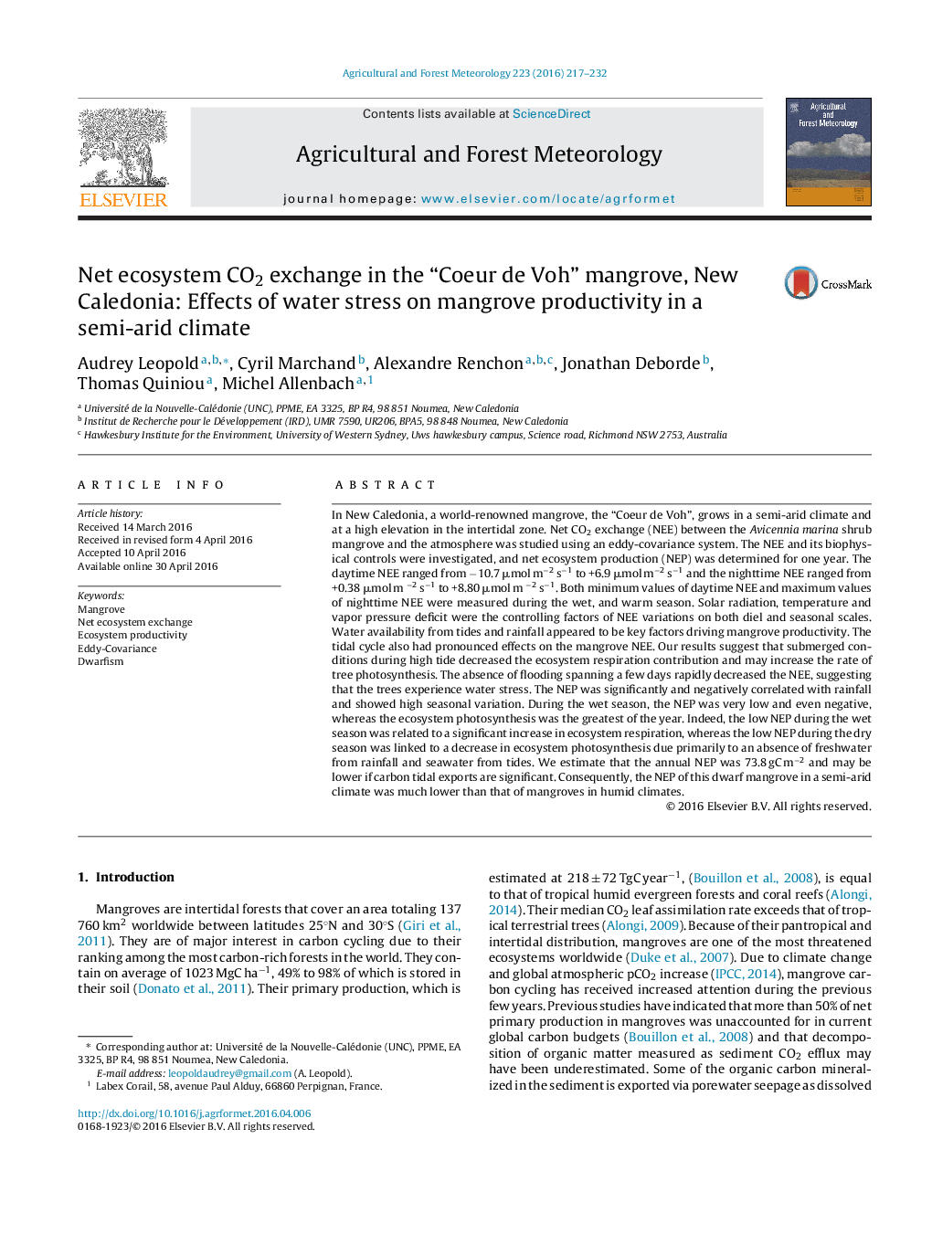 Net ecosystem CO2 exchange in the “Coeur de Voh” mangrove, New Caledonia: Effects of water stress on mangrove productivity in a semi-arid climate