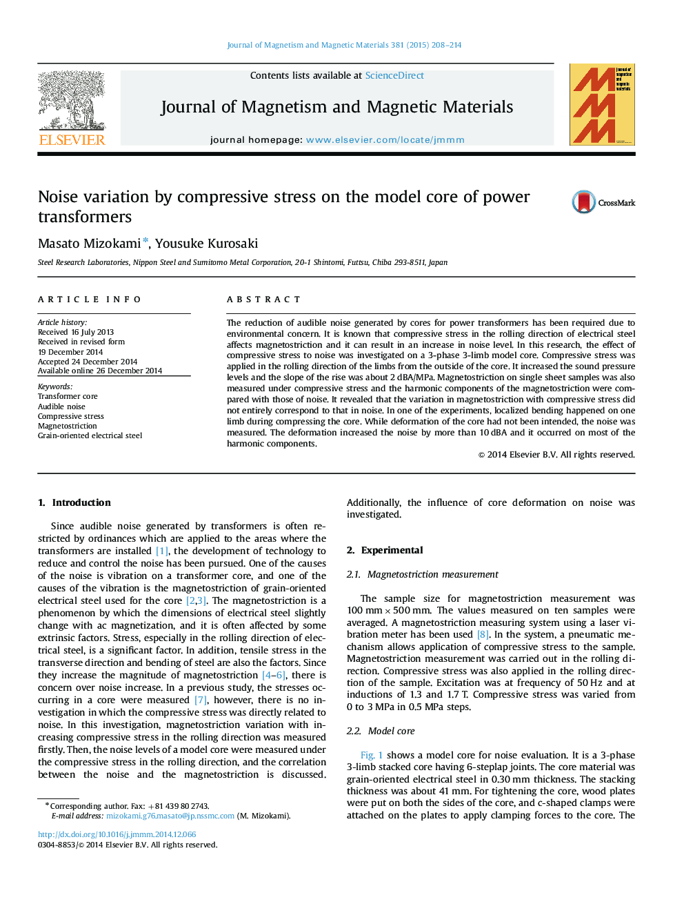 Noise variation by compressive stress on the model core of power transformers