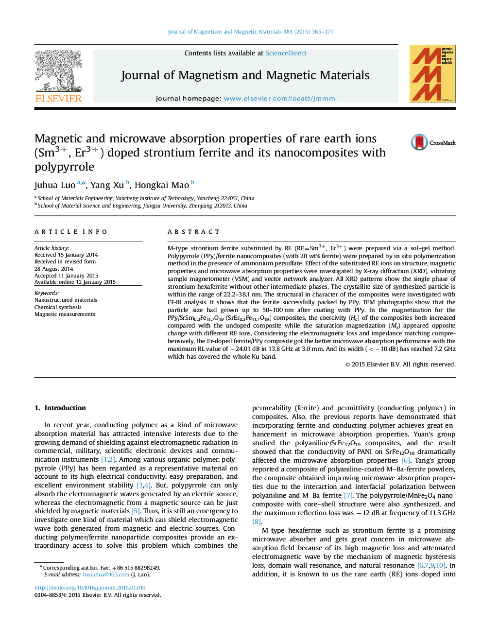 Magnetic and microwave absorption properties of rare earth ions (Sm3+, Er3+) doped strontium ferrite and its nanocomposites with polypyrrole