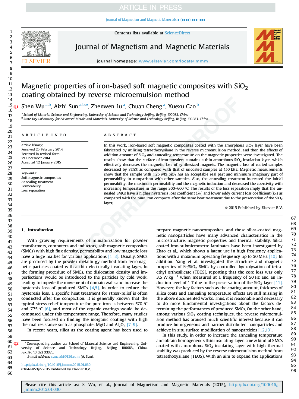 Magnetic properties of iron-based soft magnetic composites with SiO2 coating obtained by reverse microemulsion method