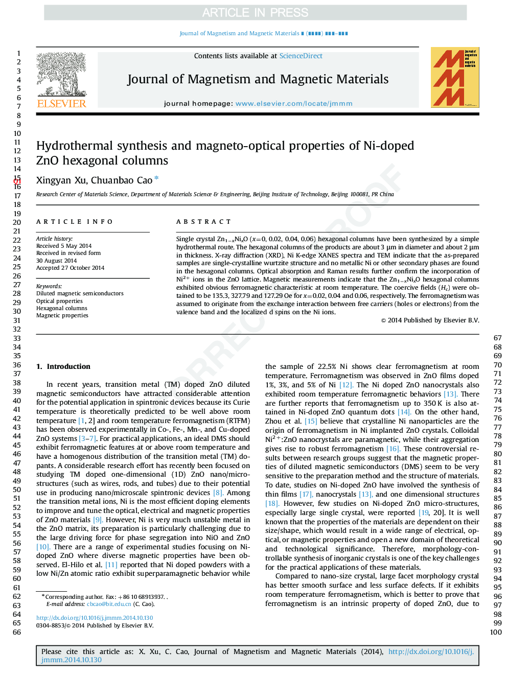 Hydrothermal synthesis and magneto-optical properties of Ni-doped ZnO hexagonal columns