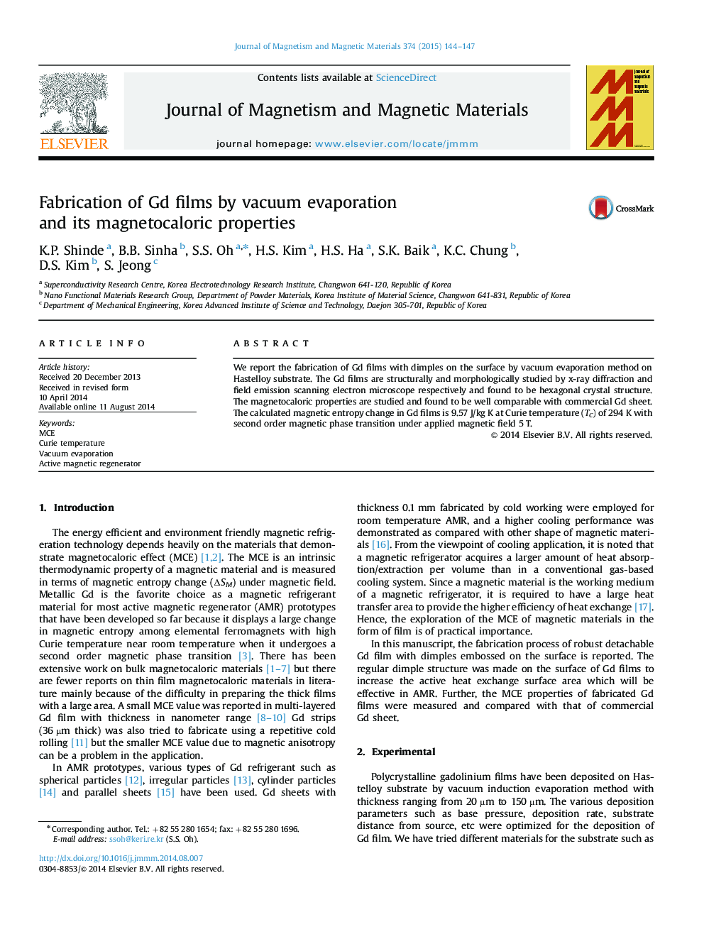 Fabrication of Gd films by vacuum evaporation and its magnetocaloric properties