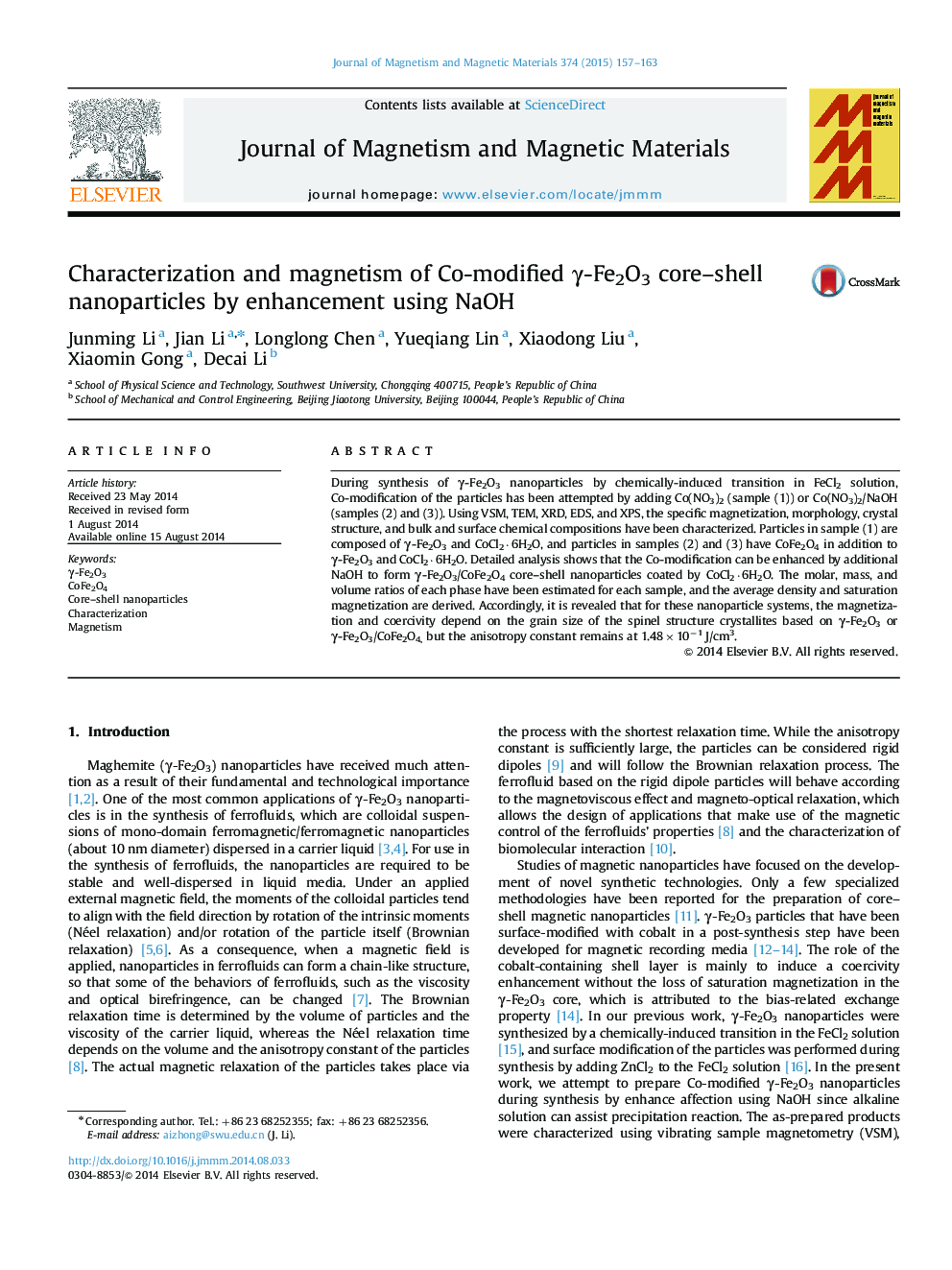 Characterization and magnetism of Co-modified Î³-Fe2O3 core-shell nanoparticles by enhancement using NaOH