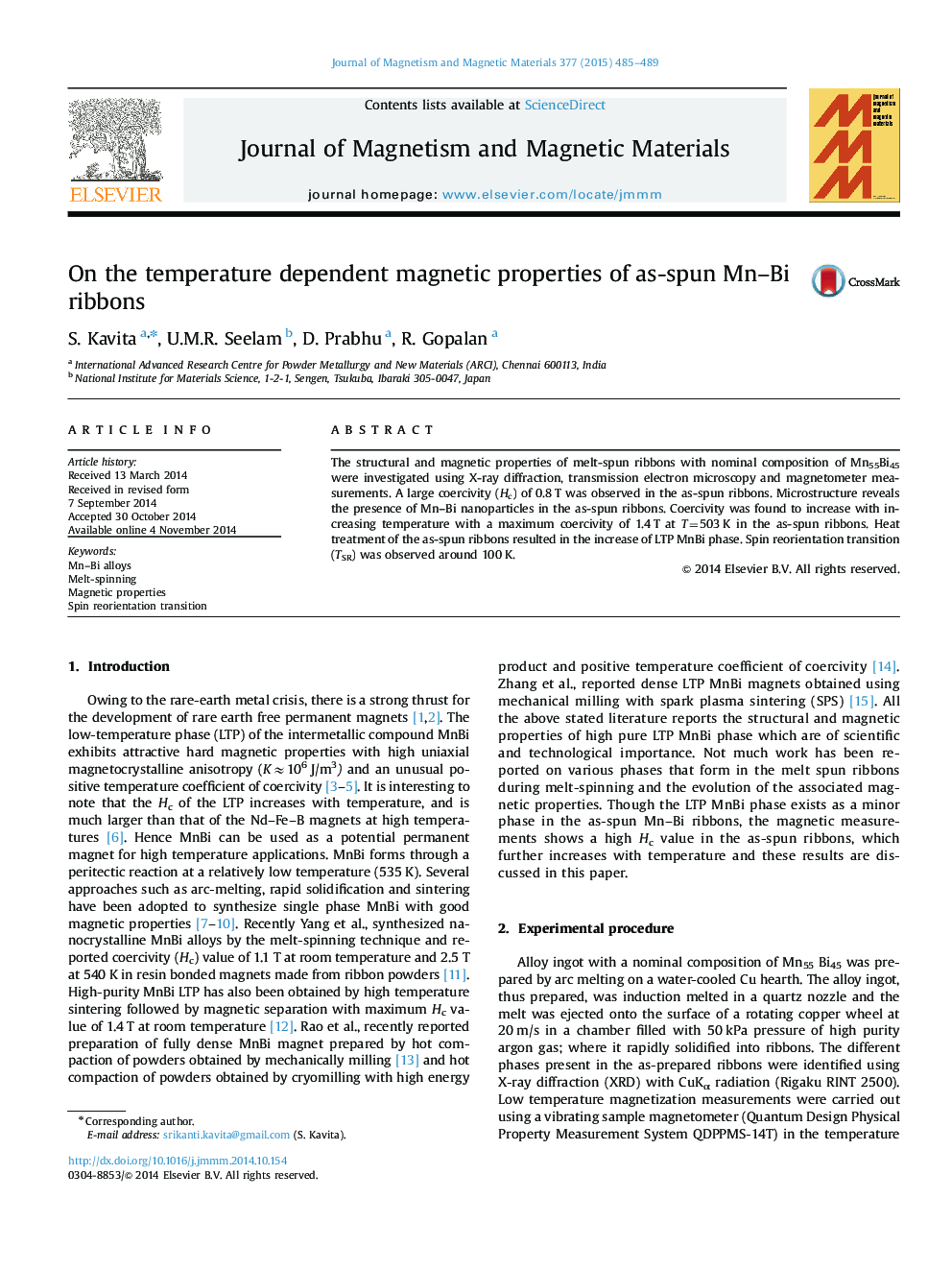 On the temperature dependent magnetic properties of as-spun Mn-Bi ribbons