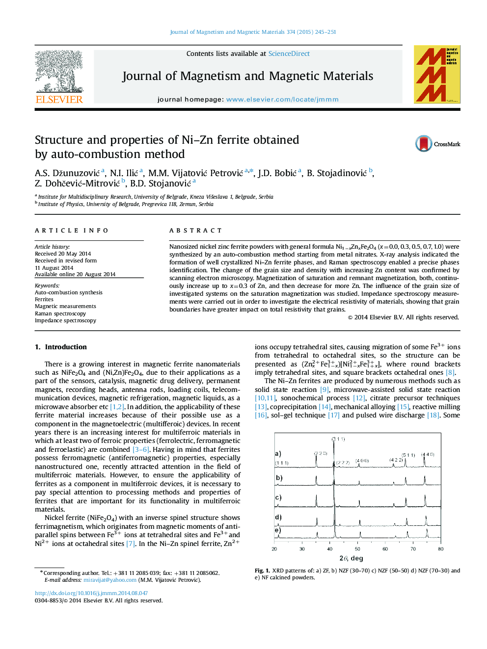 Structure and properties of Ni-Zn ferrite obtained by auto-combustion method