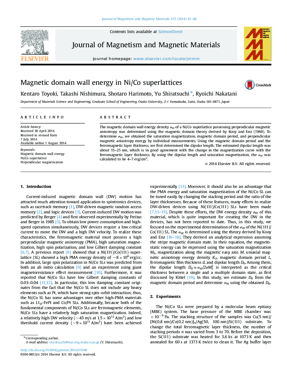 Magnetic domain wall energy in Ni/Co superlattices