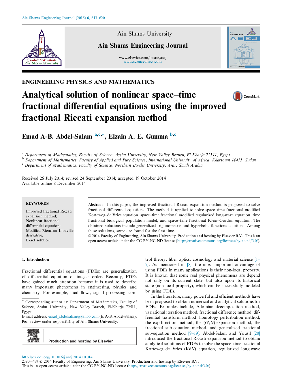 Analytical solution of nonlinear space–time fractional differential equations using the improved fractional Riccati expansion method 