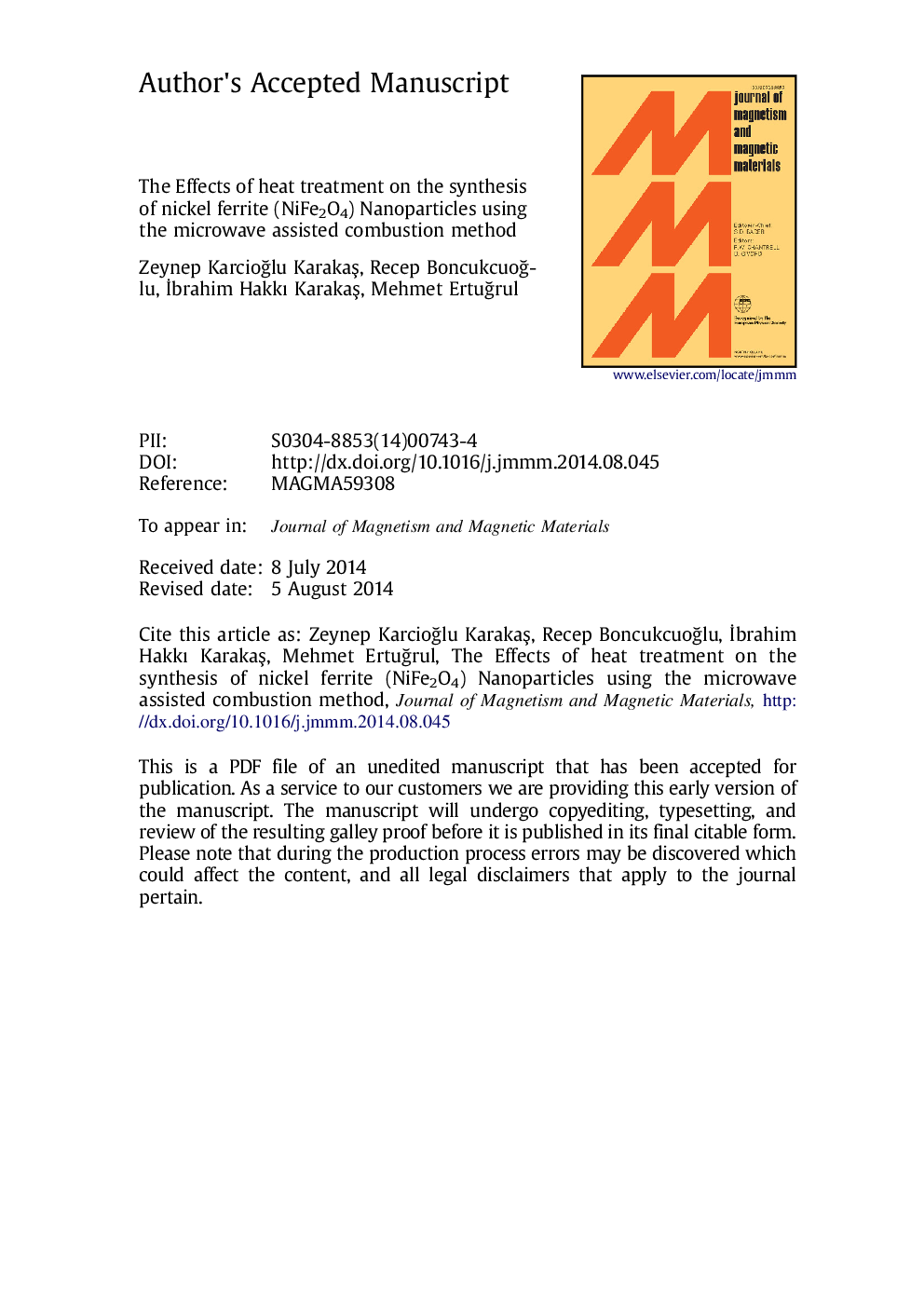 The effects of heat treatment on the synthesis of nickel ferrite (NiFe2O4) nanoparticles using the microwave assisted combustion method