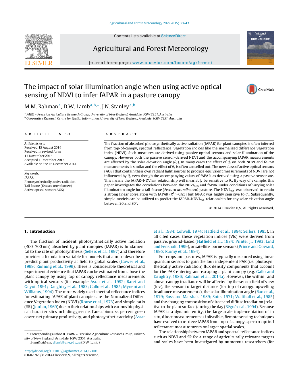 The impact of solar illumination angle when using active optical sensing of NDVI to infer fAPAR in a pasture canopy