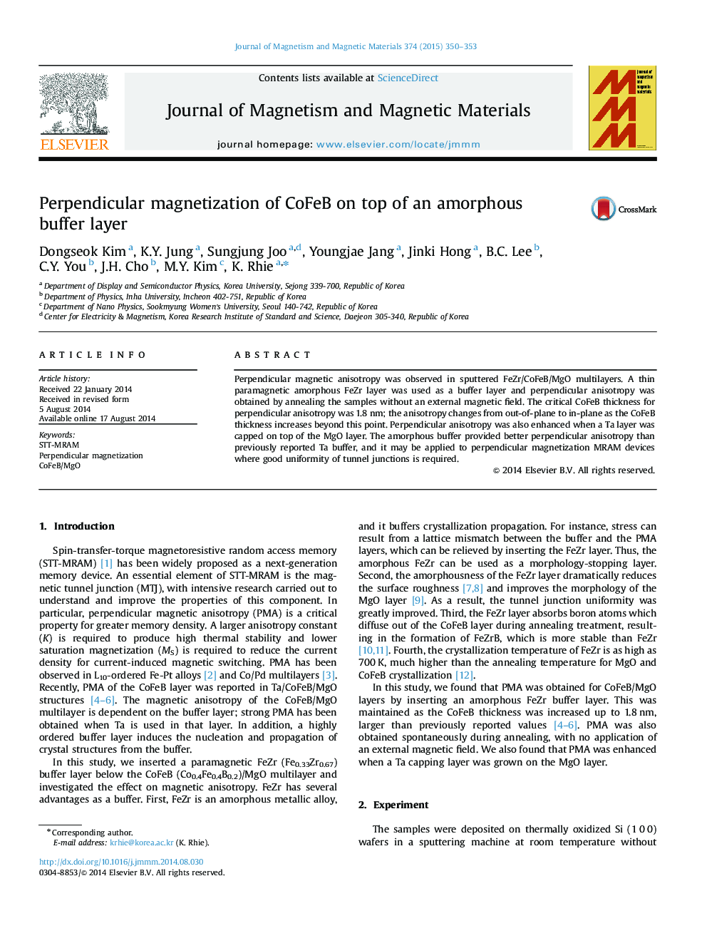 Perpendicular magnetization of CoFeB on top of an amorphous buffer layer