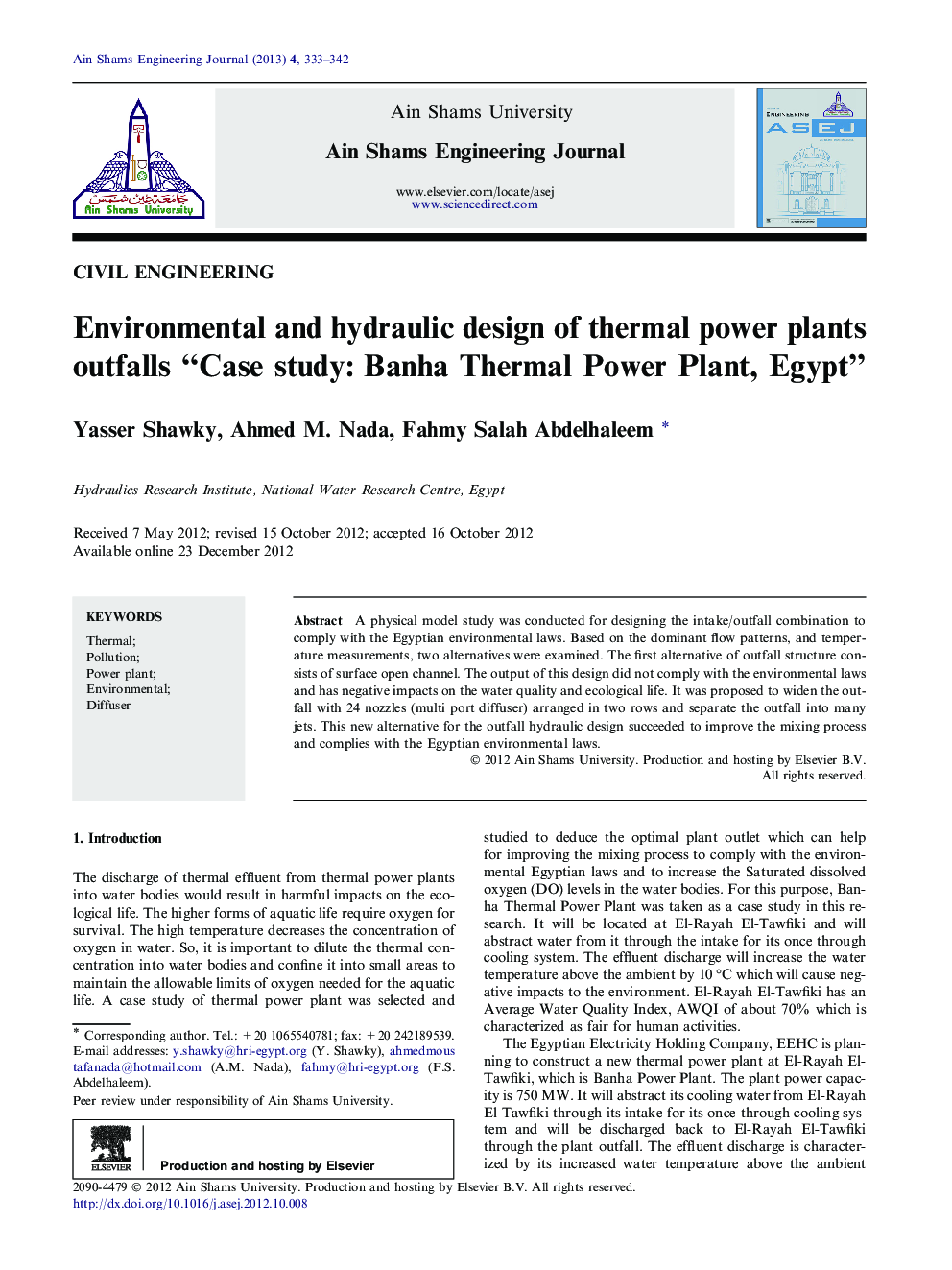 Environmental and hydraulic design of thermal power plants outfalls “Case study: Banha Thermal Power Plant, Egypt” 