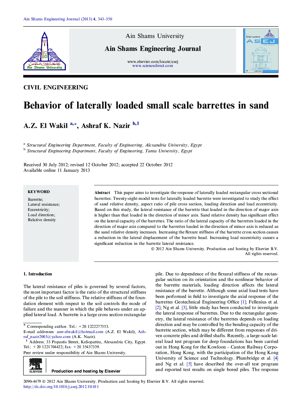 Behavior of laterally loaded small scale barrettes in sand 